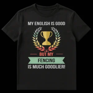 Fencing t-shirt with funny text: MY ENGLISH IS GOOD BUT MY FENCING IS MUCH GOODLIER! Distressed vintage trophy and laurel wreath design. on Black t-shirt
