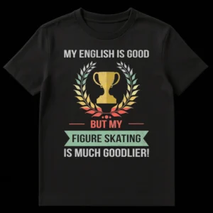 Vintage distressed black t-shirt with a golden trophy and laurel wreath, and the text 'MY ENGLISH IS GOOD BUT MY FIGURE SKATING IS MUCH GOODLIER!' in off-white, mustard yellow, teal, and faded coral colors. on Black t-shirt