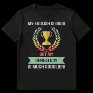 Vintage distressed black t-shirt with 'MY ENGLISH IS GOOD BUT MY GENEALOGY IS MUCH GOODLIER!' text, a gold trophy, and a muted color laurel wreath. on Black t-shirt