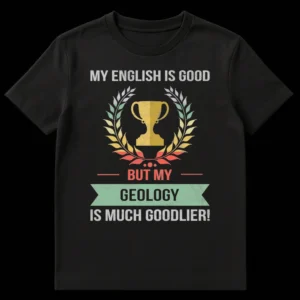 Vintage distressed black t-shirt with 'MY ENGLISH IS GOOD BUT MY GEOLOGY IS MUCH GOODLIER!' text surrounding a trophy and laurel wreath emblem in muted vintage colors. on Black t-shirt