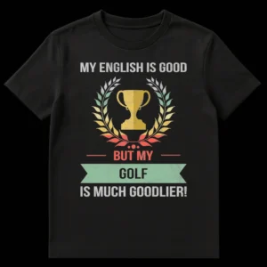 Vintage style black t-shirt with distressed text 'MY ENGLISH IS GOOD BUT MY GOLF IS MUCH GOODLIER!' surrounding a trophy and laurel wreath graphic in muted gold, sage green, and muted red. on Black t-shirt