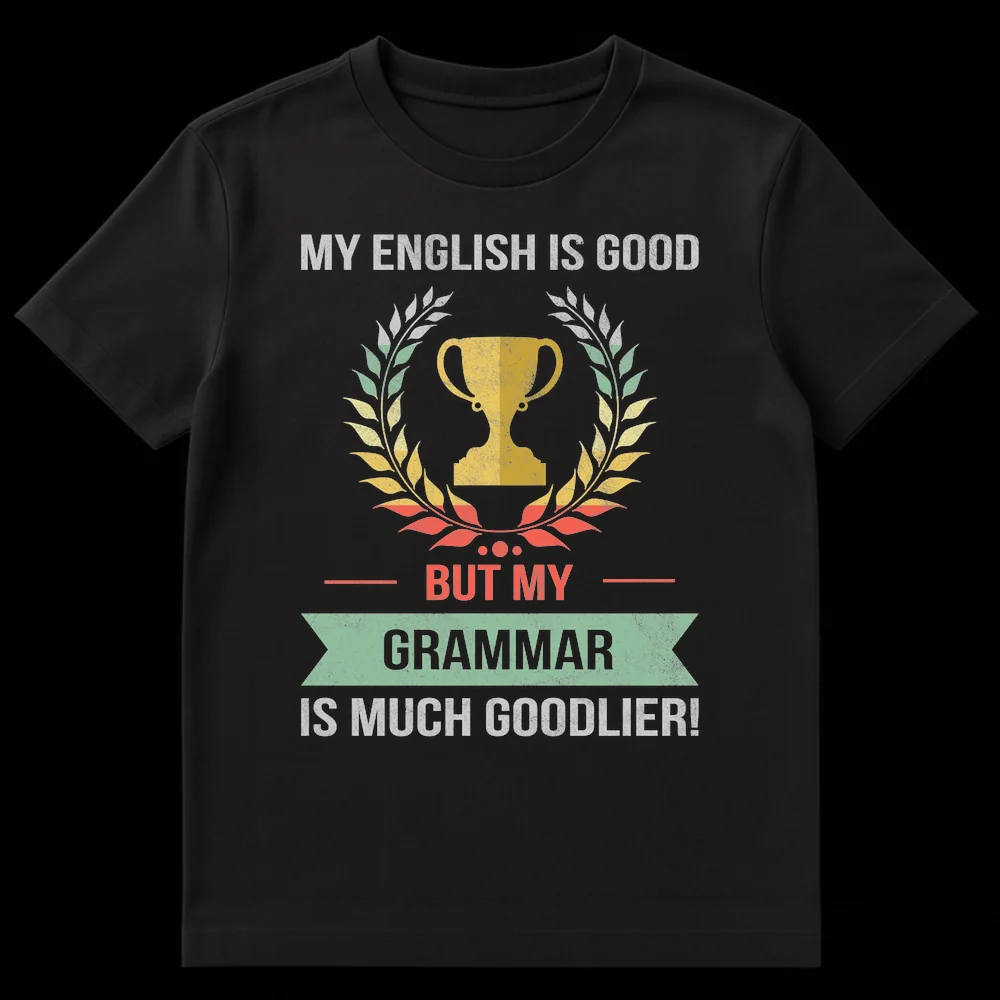 Vintage distressed t-shirt with text 'MY ENGLISH IS GOOD BUT MY GRAMMAR IS MUCH GOODLIER!' featuring a trophy and laurel wreath graphic in a retro color palette. on Black t-shirt