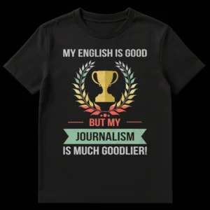 Vintage distressed black t-shirt with gold trophy and text "MY ENGLISH IS GOOD BUT MY JOURNALISM IS MUCH GOODLIER!" in white and red. on Black t-shirt