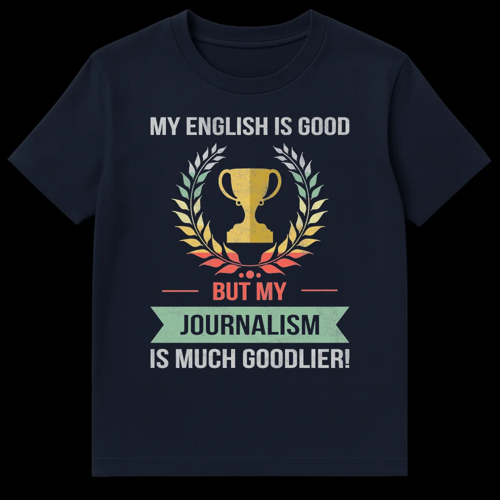 Vintage distressed black t-shirt with gold trophy and text "MY ENGLISH IS GOOD BUT MY JOURNALISM IS MUCH GOODLIER!" in white and red. on Navy Blue t-shirt
