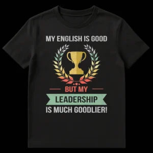 Distressed retro t-shirt with a trophy and laurel wreath, featuring the text 'MY ENGLISH IS GOOD BUT MY LEADERSHIP IS MUCH GOODLIER!' on Black t-shirt