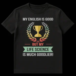 Distressed retro t-shirt with text 'MY ENGLISH IS GOOD BUT MY LIFE SCIENCE IS MUCH GOODLIER!' and a trophy with laurel wreath, on a black background. on Black t-shirt
