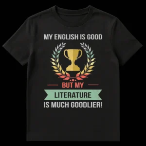 Distressed vintage t-shirt with text 'MY ENGLISH IS GOOD BUT MY LITERATURE IS MUCH GOODLIER!' and a laurel wreath trophy graphic. on Black t-shirt