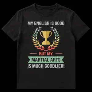 Funny Martial Arts T-shirt 'MY ENGLISH IS GOOD BUT MY MARTIAL ARTS IS MUCH GOODLIER!' with distressed retro trophy and laurel wreath design on black on Black t-shirt