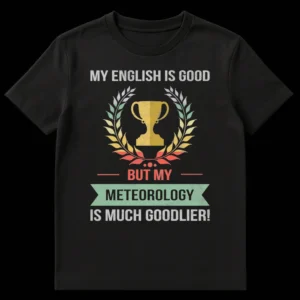 Distressed retro t-shirt with a trophy and laurel emblem. Text reads 'MY ENGLISH IS GOOD — BUT MY — METEOROLOGY IS MUCH GOODLIER!' in vintage fonts. on Black t-shirt