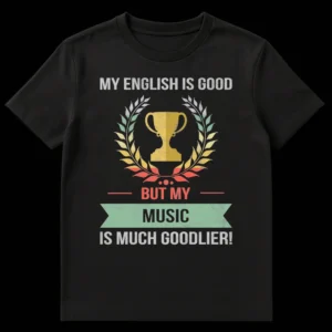 Vintage distressed graphic t-shirt with laurel wreath and trophy featuring the text 'MY ENGLISH IS GOOD BUT MY MUSIC IS MUCH GOODLIER!' on Black t-shirt
