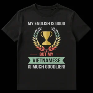 Humorous 'My Vietnamese is Much Goodlier!' t-shirt with vintage trophy and wreath graphic on black fabric. on Black t-shirt