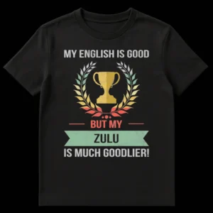 Distressed retro t-shirt with a trophy and laurel wreath, and text 'MY ENGLISH IS GOOD BUT MY ZULU IS MUCH GOODLIER!' on a black background. on Black t-shirt