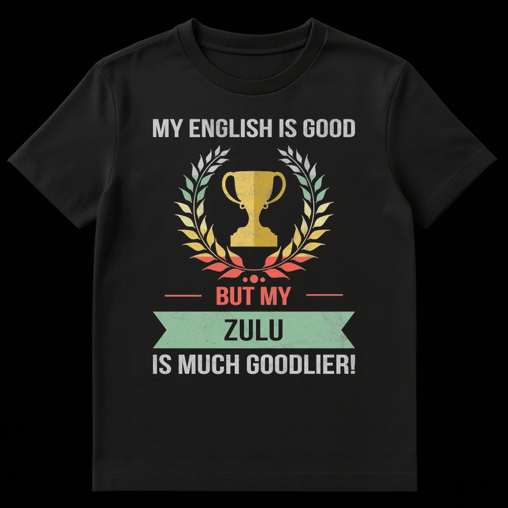Distressed retro t-shirt with a trophy and laurel wreath, and text 'MY ENGLISH IS GOOD BUT MY ZULU IS MUCH GOODLIER!' on a black background. on Black t-shirt