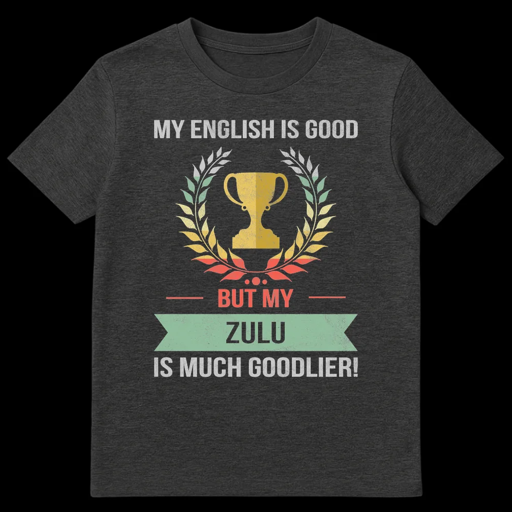 Distressed retro t-shirt with a trophy and laurel wreath, and text 'MY ENGLISH IS GOOD BUT MY ZULU IS MUCH GOODLIER!' on a black background. on Dark Heather t-shirt