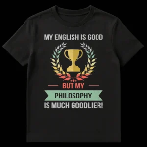 Distressed retro t-shirt with 'MY ENGLISH IS GOOD BUT MY PHILOSOPHY IS MUCH GOODLIER!' text, a trophy, and laurel wreath. on Black t-shirt