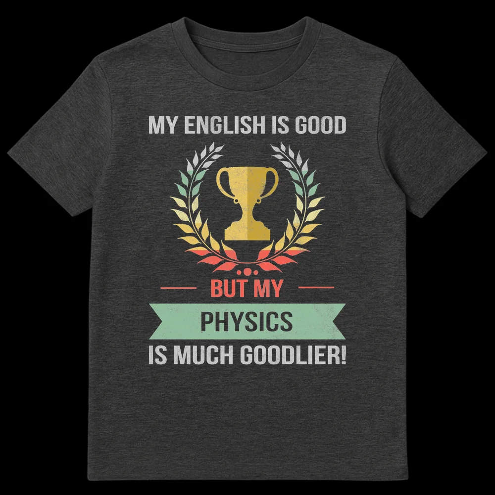 Physics Enthuisast Goodlier Grammar Joke T-Shirt with vintage trophy and laurel wreath design on Dark Heather t-shirt