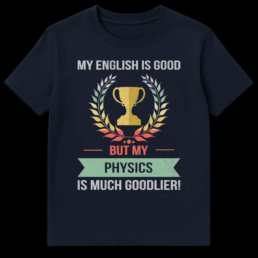 Physics Enthuisast Goodlier Grammar Joke T-Shirt with vintage trophy and laurel wreath design on Navy Blue t-shirt