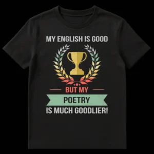 Distressed vintage t-shirt featuring a trophy and laurel wreath, with the text 'MY ENGLISH IS GOOD BUT MY POETRY IS MUCH GOODLIER!' in a retro grunge style on a black background. on Black t-shirt