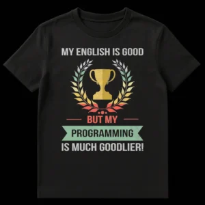 Distressed retro t-shirt with text MY ENGLISH IS GOOD BUT MY PROGRAMMING IS MUCH GOODLIER and a trophy, celebrating coding humor. on Black t-shirt