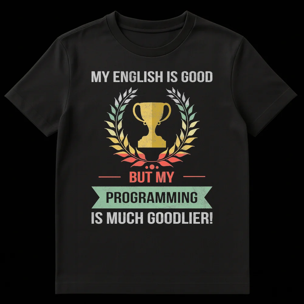 Distressed retro t-shirt with text MY ENGLISH IS GOOD BUT MY PROGRAMMING IS MUCH GOODLIER and a trophy, celebrating coding humor. on Black t-shirt