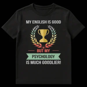 Distressed retro 'My English Is Good But My Psychology Is Much Goodlier!' t-shirt with trophy and laurel wreath on Black t-shirt
