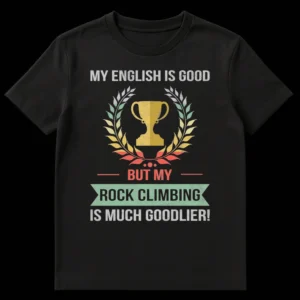 Humorous 'My English Is Good But My Rock Climbing Is Much Goodlier!' t-shirt in distressed retro-vintage style, featuring a trophy and laurel wreath in muted colors on a black background, appealing to rock climbers and bouldering enthusiasts. on Black t-shirt