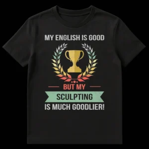 Vintage distressed black t-shirt with a gold trophy, laurel wreath, and the humorous text 'My English Is Good But My Sculpting Is Much Goodlier!' in off-white, coral, and teal colors. on Black t-shirt