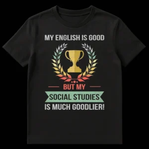 Distressed retro t-shirt with a trophy and laurel wreath, text reads 'MY ENGLISH IS GOOD BUT MY SOCIAL STUDIES IS MUCH GOODLIER!' in a vintage style. on Black t-shirt