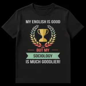 Vintage-style 'My English Is Good But My Sociology Is Much Goodlier!' t-shirt featuring a distressed trophy and laurel wreath emblem in muted colors on black fabric. on Black t-shirt