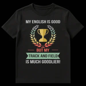 Distressed retro t-shirt with 'MY ENGLISH IS GOOD BUT MY TRACK AND FIELD IS MUCH GOODLIER!' text, a trophy, and laurel wreath. on Black t-shirt