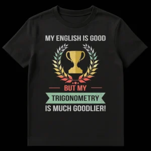 Vintage distressed black t-shirt with gold trophy and teal banner, featuring the humorous math quote 'MY ENGLISH IS GOOD BUT MY TRIGONOMETRY IS MUCH GOODLIER!' on Black t-shirt