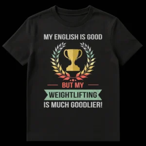 Distressed vintage grunge t-shirt with a humorous weightlifting quote and a trophy design. Text reads: MY ENGLISH IS GOOD BUT MY WEIGHTLIFTING IS MUCH GOODLIER! on Black t-shirt