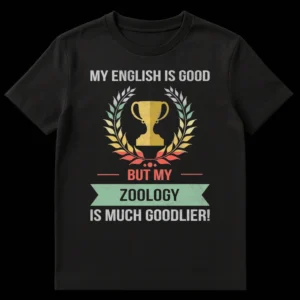 Distressed black t-shirt with a vintage-style graphic featuring a trophy, laurel wreath, and text 'MY ENGLISH IS GOOD BUT MY ZOOLOGY IS MUCH GOODLIER!' in off-white, golden yellow, teal, and muted red colors. on Black t-shirt