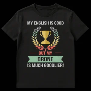Humorous retro-distressed t-shirt with 'MY ENGLISH IS GOOD BUT MY DRONE IS MUCH GOODLIER!' text, a trophy, and laurel wreath on a black background. on Black t-shirt