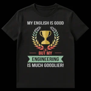 Distressed vintage t-shirt design with a trophy and laurel wreath, reading 'MY ENGLISH IS GOOD BUT MY ENGINEERING IS MUCH GOODLIER!' on a black background. on Black t-shirt