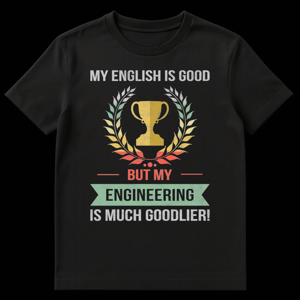 Distressed vintage t-shirt design with a trophy and laurel wreath, reading 'MY ENGLISH IS GOOD BUT MY ENGINEERING IS MUCH GOODLIER!' on a black background. on Black t-shirt