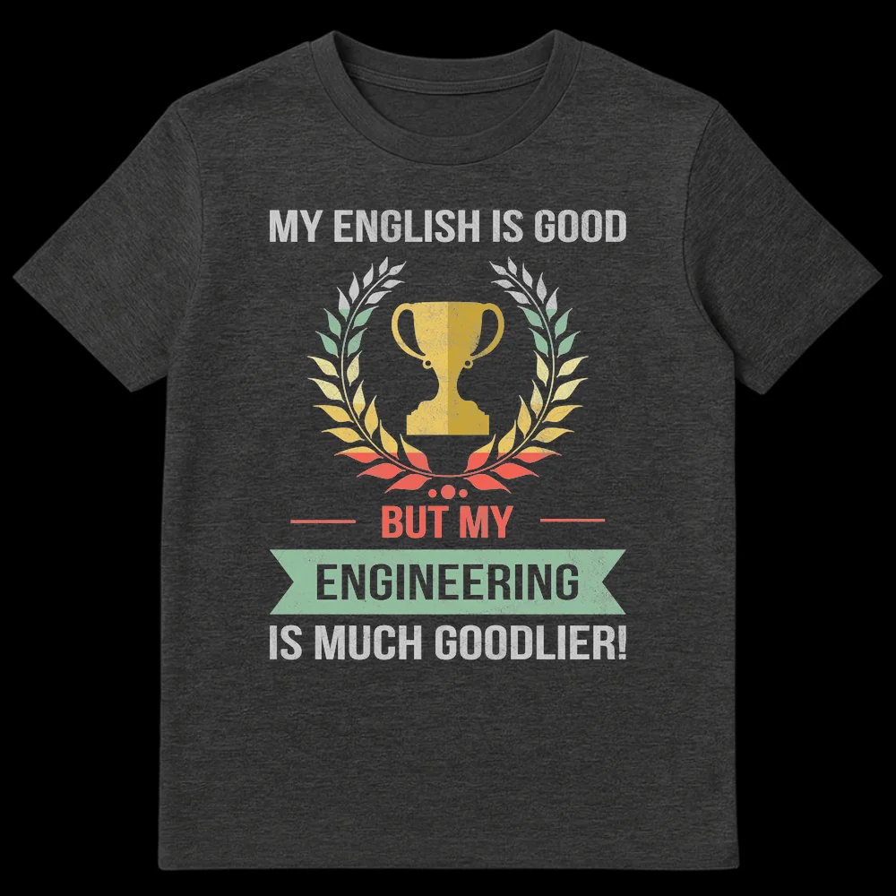 Distressed vintage t-shirt design with a trophy and laurel wreath, reading 'MY ENGLISH IS GOOD BUT MY ENGINEERING IS MUCH GOODLIER!' on a black background. on Dark Heather t-shirt