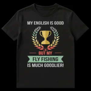 Vintage distressed t-shirt with a trophy and laurel wreath, text reads 'My English Is Good - But My - Fly Fishing Is Much Goodlier!' on Black t-shirt