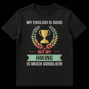 Vintage distressed black t-shirt with 'My English Is Good But My Hiking Is Much Goodlier!' text, featuring a faded gold trophy and laurel wreath in retro colors. on Black t-shirt