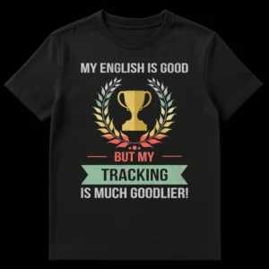 Distressed black t-shirt with a vintage gold trophy and laurel wreath, and the text 'MY ENGLISH IS GOOD BUT MY TRACKING IS MUCH GOODLIER!' in faded white, red, and mint green grunge fonts. on Black t-shirt