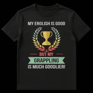 Distressed vintage t-shirt with a trophy and laurel wreath, text reads: MY ENGLISH IS GOOD BUT MY GRAPPLING IS MUCH GOODLIER! on Black t-shirt