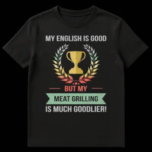 Distressed vintage t-shirt design with a trophy and laurel wreath, featuring the text MY ENGLISH IS GOOD BUT MY MEAT GRILLING IS MUCH GOODLIER! on Black t-shirt