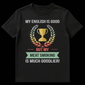 Distressed vintage-style t-shirt with text 'MY ENGLISH IS GOOD BUT MY MEAT SMOKING IS MUCH GOODLIER!' a trophy and laurel wreath graphic, on a black background. on Black t-shirt
