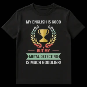 Distressed vintage t-shirt with 'MY ENGLISH IS GOOD BUT MY METAL DETECTING IS MUCH GOODLIER!' text, trophy cup, and laurel wreath graphic in muted retro colors. on Black t-shirt