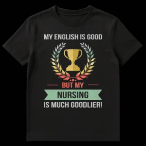 Vintage distressed black t-shirt with a trophy and laurel wreath. Text reads: 'MY ENGLISH IS GOOD BUT MY NURSING IS MUCH GOODLIER!' on Black t-shirt