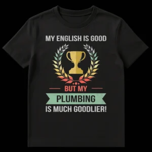 Distressed vintage t-shirt featuring a trophy and laurel wreath, with text 'MY ENGLISH IS GOOD BUT MY PLUMBING IS MUCH GOODLIER!' on a black background. on Black t-shirt