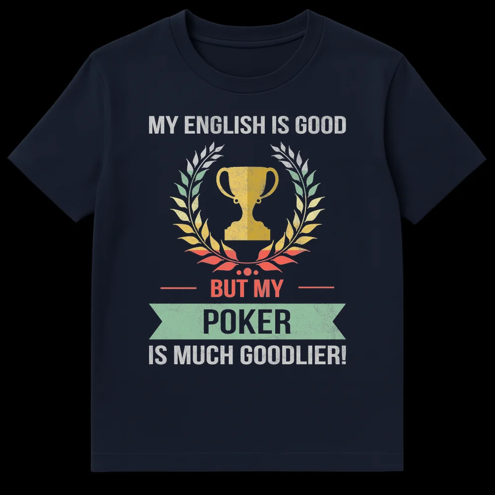 Vintage 'MY ENGLISH IS GOOD BUT MY POKER IS MUCH GOODLIER!' t-shirt with trophy and laurel wreath graphic for poker players on Navy Blue t-shirt