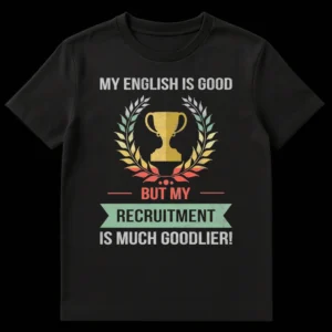Humorous recruitment t-shirt with trophy and "MY ENGLISH IS GOOD BUT MY RECRUITMENT IS MUCH GOODLIER!" text in vintage style on Black t-shirt