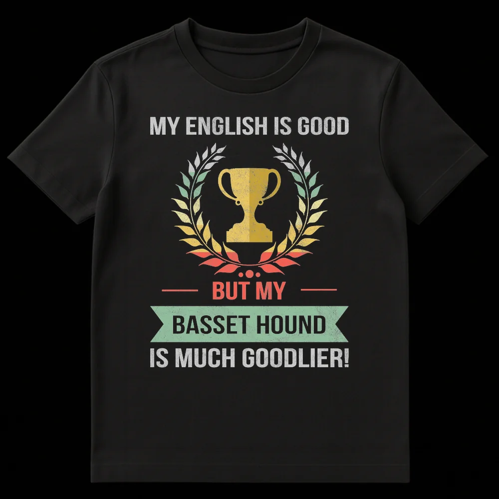 Basset Hound 'Goodlier' funny vintage grammar joke dog owner t-shirt design on Black t-shirt