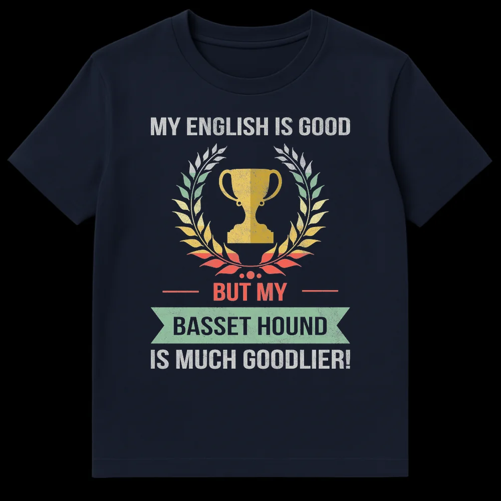 Basset Hound 'Goodlier' funny vintage grammar joke dog owner t-shirt design on Navy Blue t-shirt